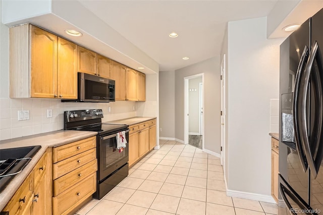 12705 Kalamath Ct, Westminster, CO 80234 - kitchen featuring stainless steel refrigerator with ice dispenser, black / electric stove, backsplash, recessed lighting, and light countertops