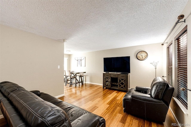 living room with hardwood / wood-style floors and a textured ceiling