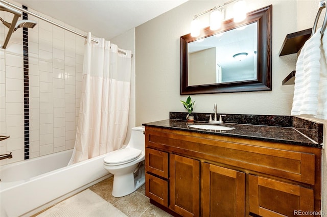 full bathroom featuring vanity, shower / bathtub combination with curtain, and toilet