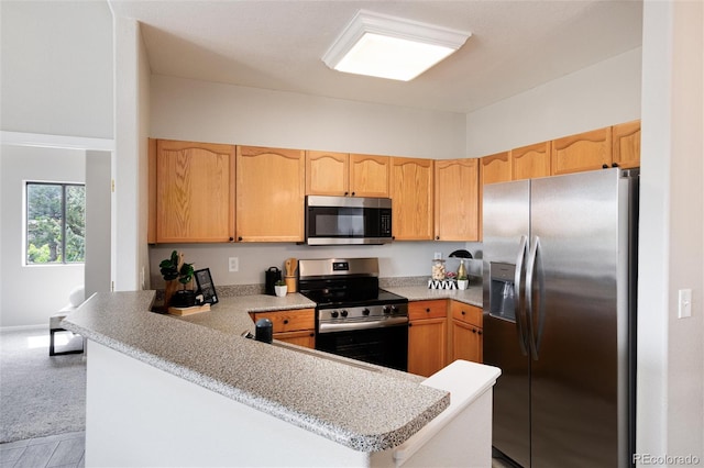 7408 S Alkire St Unit 301, Littleton, CO 80127 - kitchen with stainless steel appliances, a peninsula, light brown cabinets, light countertops, and baseboards