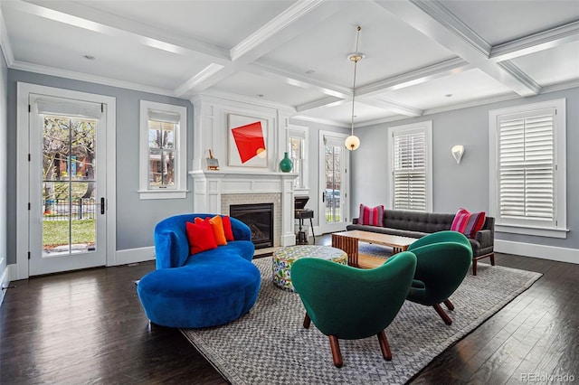201 S Lafayette St, Denver, CO 80209 - living room featuring dark wood-style flooring, a fireplace, coffered ceiling, beam ceiling, and ornamental molding