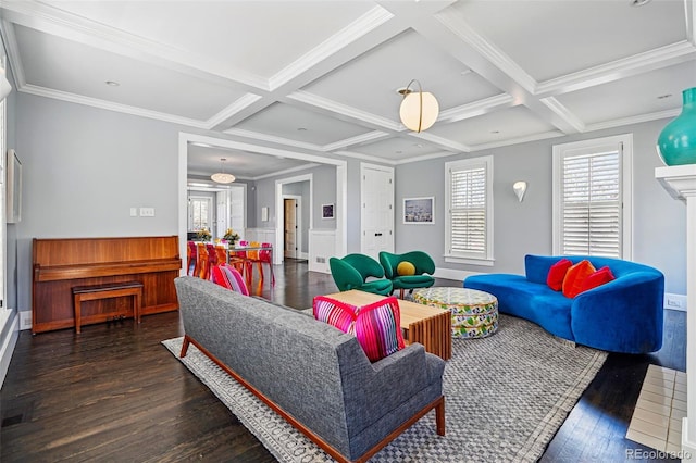 201 S Lafayette St, Denver, CO 80209 - living room featuring wood finished floors, beam ceiling, coffered ceiling, crown molding, and a wainscoted wall