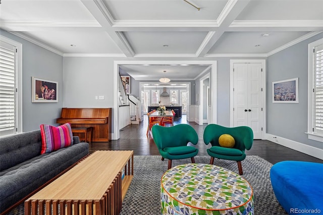 201 S Lafayette St, Denver, CO 80209 - living area with dark wood-style floors, coffered ceiling, ornamental molding, beamed ceiling, and stairway