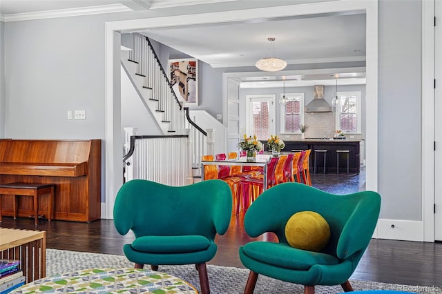 201 S Lafayette St, Denver, CO 80209 - dining room featuring ornamental molding, stairway, and wood finished floors