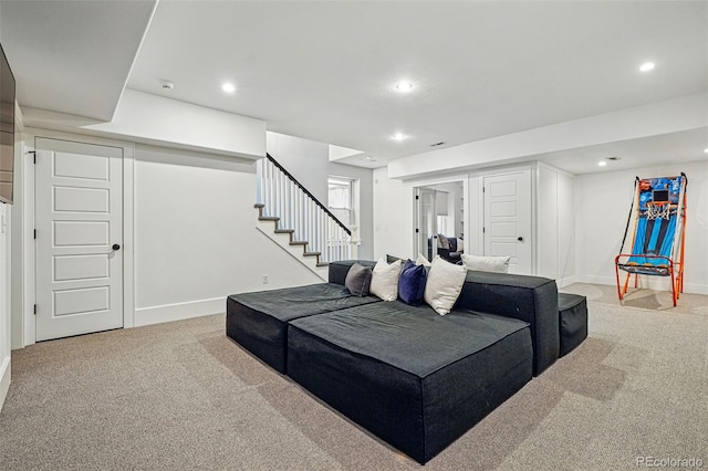 201 S Lafayette St, Denver, CO 80209 - living room featuring carpet flooring, stairs, and recessed lighting