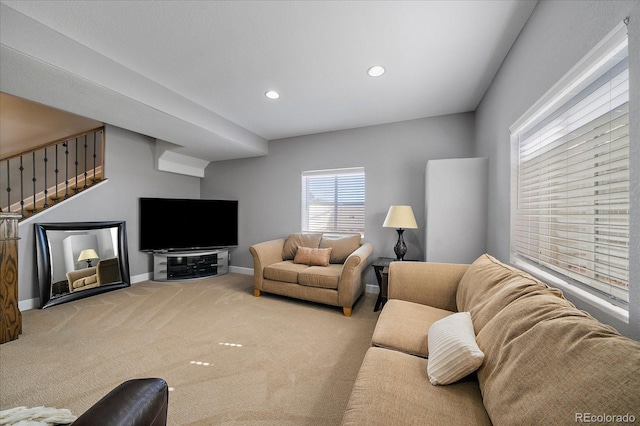 12420 Verbena St, Thornton, CO 80602 - carpeted living room featuring recessed lighting and stairs