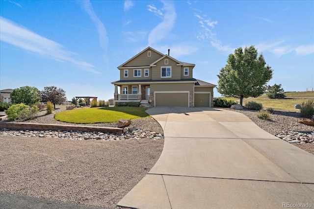 12420 Verbena St, Thornton, CO 80602 - view of front of house featuring an attached garage, covered porch, driveway, and a front yard