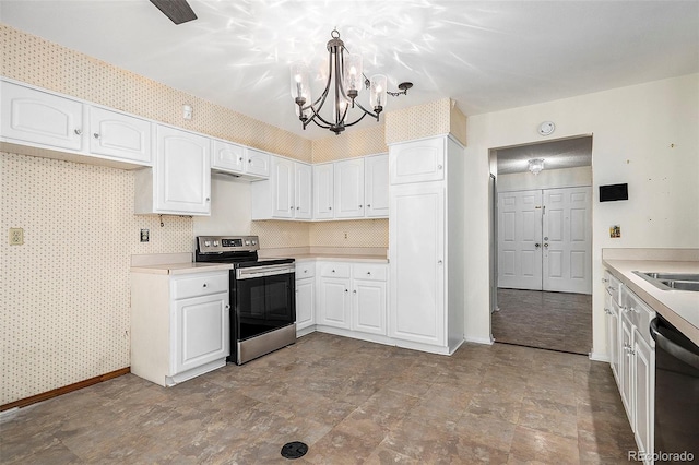 kitchen featuring white cabinets, tile floors, a chandelier, stainless steel range with electric cooktop, and dishwasher