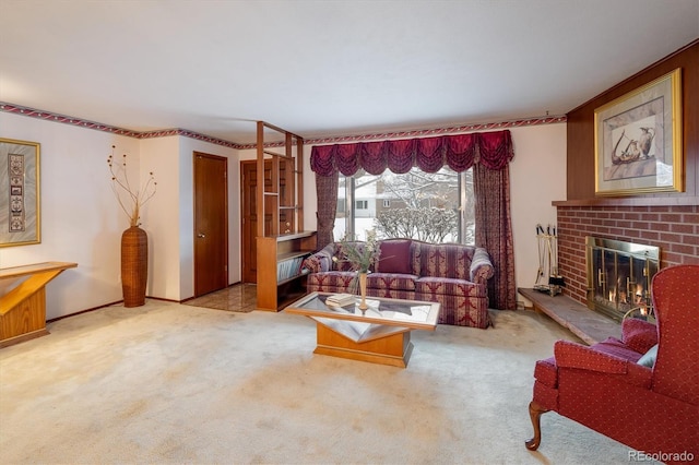 living room with light carpet and a brick fireplace