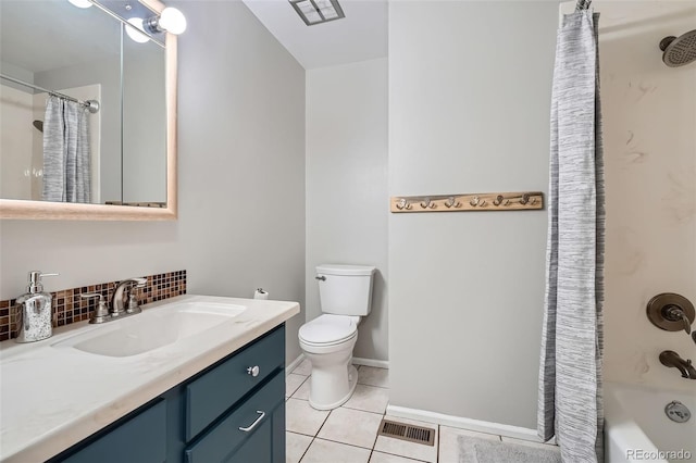 full bathroom with toilet, tile patterned floors, shower / bath combo, vanity, and backsplash