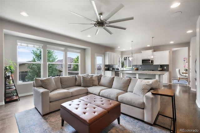 9135 Argentine Pass Trl, Colorado Springs, CO 80924 - living room featuring recessed lighting, wood finished floors, and ceiling fan