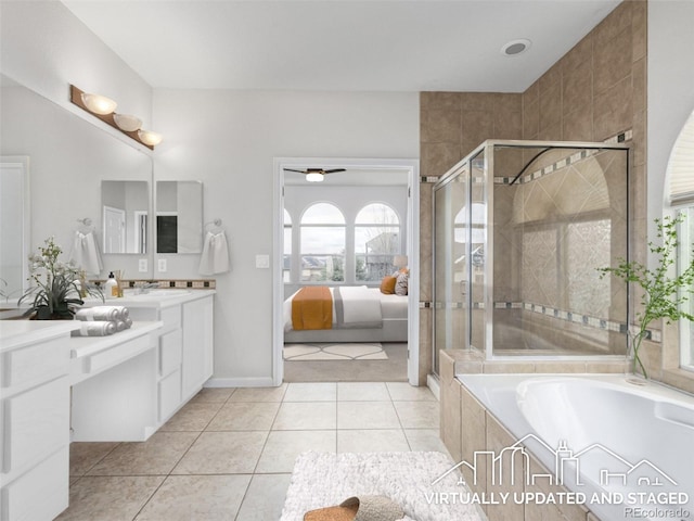 ensuite bathroom featuring vanity, a stall shower, tile patterned flooring, connected bathroom, and a garden tub