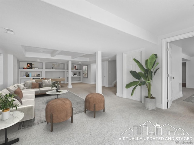 living room featuring carpet floors, baseboards, visible vents, and stairs