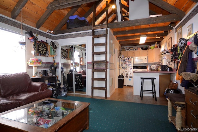 living room with wood ceiling, lofted ceiling with beams, and light wood-type flooring