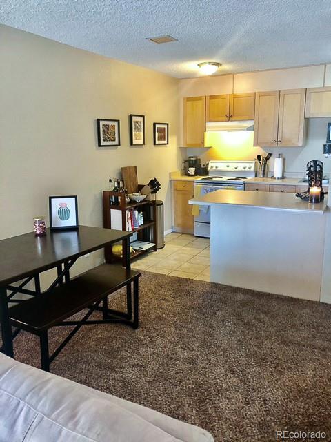 2500 S York St Unit 213, Denver, CO 80210 - kitchen featuring white range with electric stovetop, under cabinet range hood, a textured ceiling, light tile patterned flooring, and light brown cabinetry