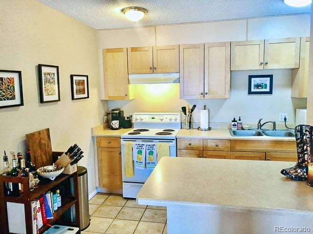 2500 S York St Unit 213, Denver, CO 80210 - kitchen with white electric range oven, under cabinet range hood, a sink, light countertops, and a textured ceiling