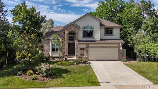 7313 Poston Way, Boulder, CO 80301 - traditional home with concrete driveway, brick siding, a garage, and a front yard