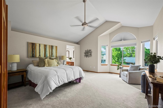 7313 Poston Way, Boulder, CO 80301 - bedroom featuring light carpet, ceiling fan, and high vaulted ceiling