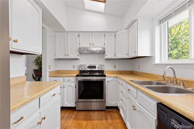 3907 E 133rd Ct, Thornton, CO 80241 - kitchen featuring stainless steel range with electric stovetop, a sink, black dishwasher, under cabinet range hood, and light countertops