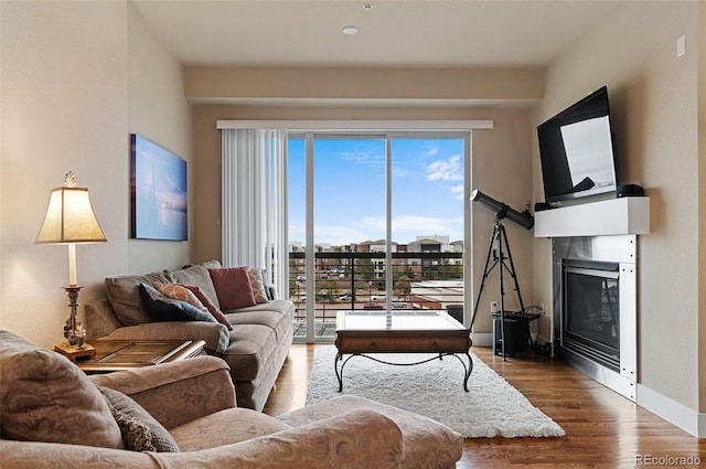 living room with a glass covered fireplace, wood finished floors, and baseboards