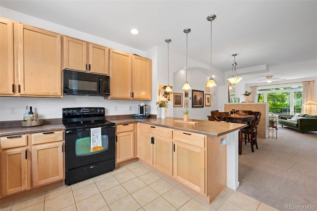 9300 E Florida Ave Unit 1202, Denver, CO 80247 - kitchen with black appliances, light brown cabinets, a peninsula, open floor plan, and recessed lighting