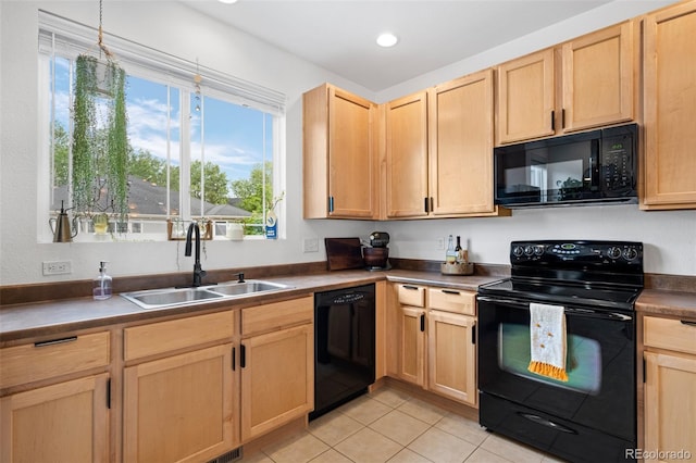 9300 E Florida Ave Unit 1202, Denver, CO 80247 - kitchen with black appliances, light brown cabinetry, light tile patterned flooring, and recessed lighting