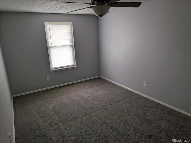 220 Mckinley Dr, Bennett, CO 80102 - carpeted empty room featuring a textured ceiling, ceiling fan, visible vents, and baseboards