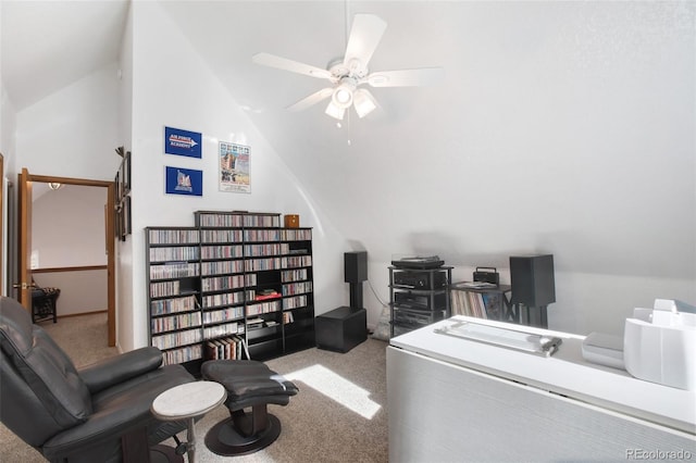 office space with carpet floors, vaulted ceiling, and ceiling fan