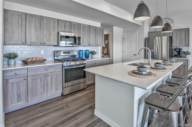 834 N Bently St, Watkins, CO 80137 - kitchen featuring appliances with stainless steel finishes, a sink, dark wood finished floors, and light countertops