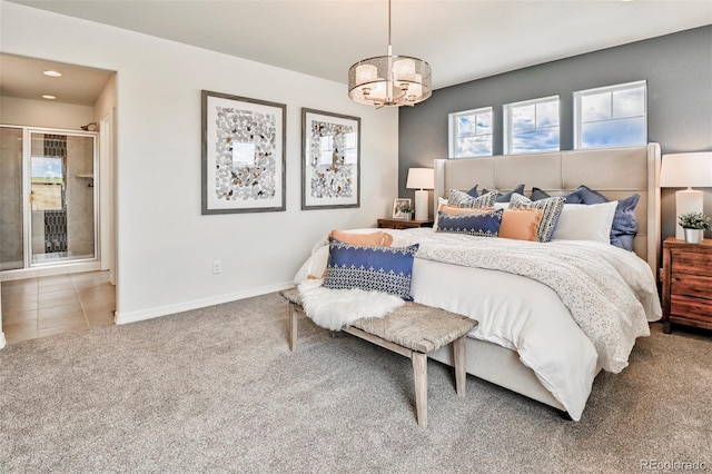 834 N Bently St, Watkins, CO 80137 - carpeted bedroom featuring a chandelier, baseboards, connected bathroom, and recessed lighting