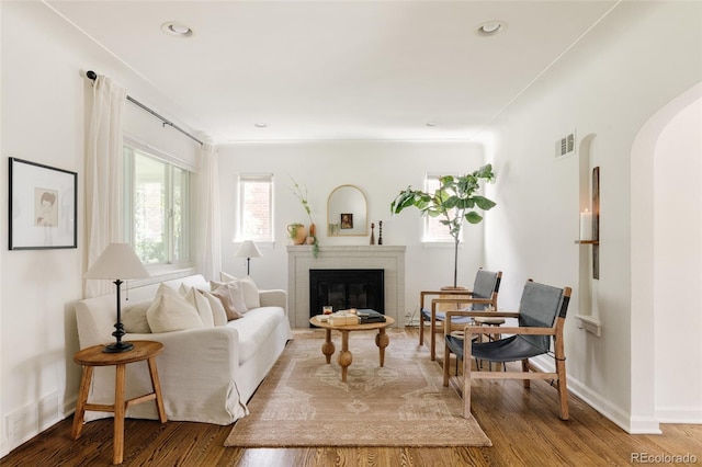 1185 S Steele St, Denver, CO 80210 - living area featuring arched walkways, healthy amount of natural light, a fireplace, wood finished floors, and recessed lighting