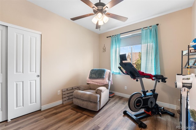 8779 S Kipling Way Unit 204, Littleton, CO 80127 - workout room with wood finished floors, ceiling fan, and baseboards