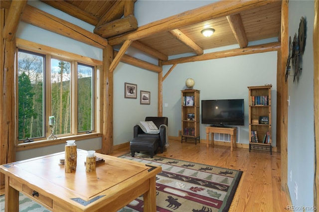 living room with light wood-type flooring, wooden ceiling, and beam ceiling