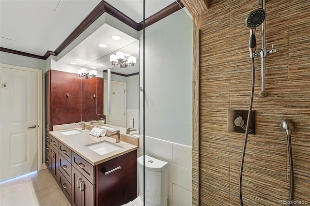 1950 N Logan St Unit 1109, Denver, CO 80203 - full bath featuring ornamental molding, tile patterned floors, tile walls, double vanity, and tiled shower