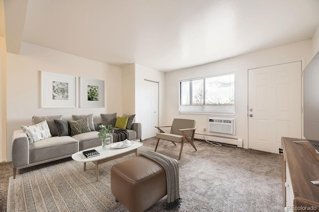 carpeted living room with a wall unit AC and a baseboard heating unit