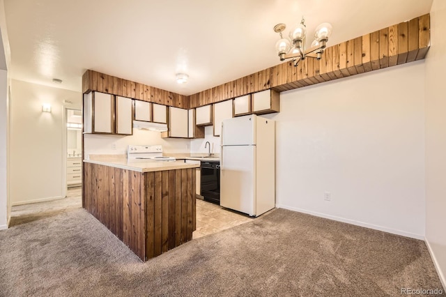 kitchen with light carpet, white appliances, a sink, and under cabinet range hood