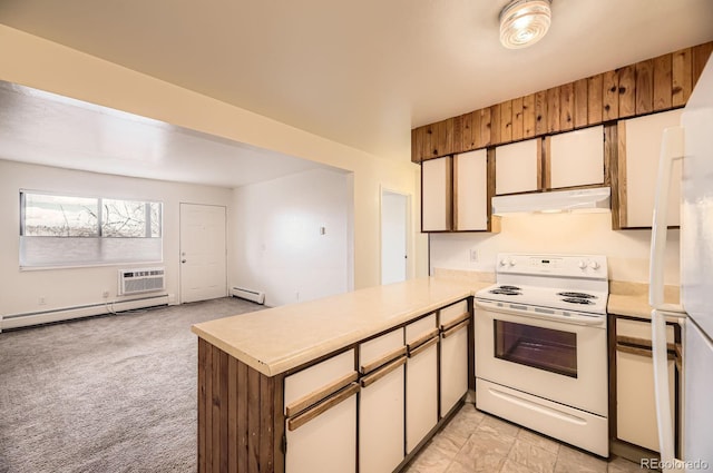 kitchen featuring white range with electric stovetop, range hood, a baseboard radiator, baseboard heating, and a peninsula