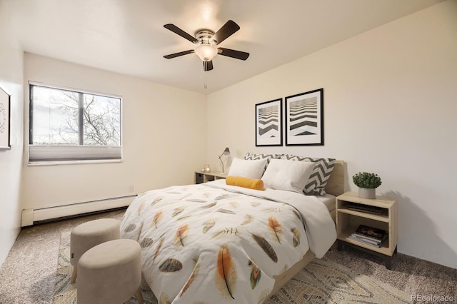 bedroom with carpet, ceiling fan, and a baseboard radiator