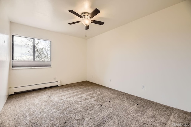 unfurnished room featuring a ceiling fan, a baseboard radiator, and carpet flooring