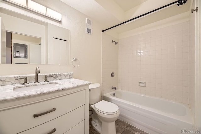 bathroom with toilet, shower / tub combination, vanity, and visible vents