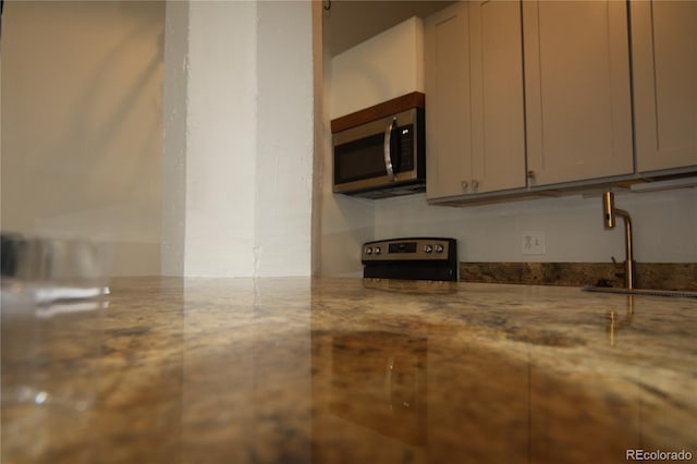 720 16th St Unit 513, Denver, CO 80202 - kitchen with stainless steel microwave, electric range, and stone countertops