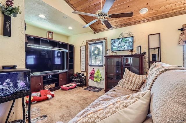 5704 Ammons St, Arvada, CO 80002 - living room featuring ceiling fan, carpet floors, wood ceiling, and recessed lighting