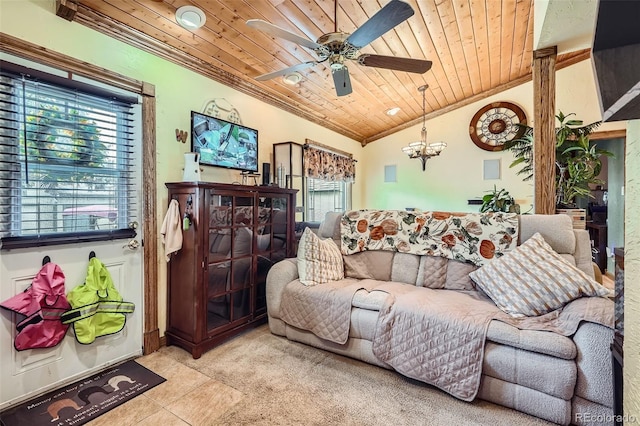 5704 Ammons St, Arvada, CO 80002 - tiled living area with crown molding, wood ceiling, a ceiling fan, a chandelier, and lofted ceiling
