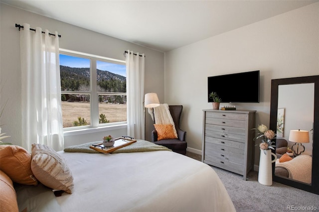 bedroom with light carpet