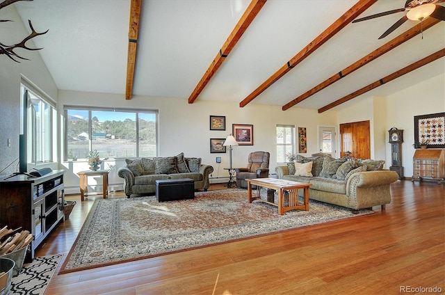 living area with high vaulted ceiling, ceiling fan, beamed ceiling, and wood finished floors