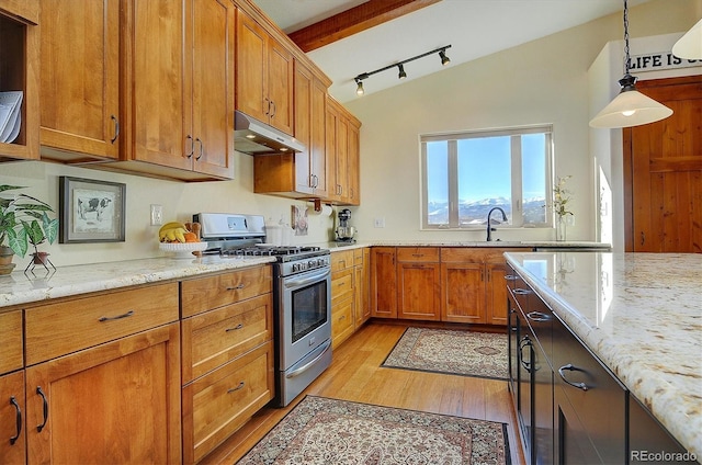 kitchen featuring light wood-style floors, light stone counters, stainless steel gas range, under cabinet range hood, and a sink