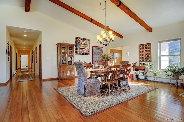 dining area with high vaulted ceiling, baseboard heating, hardwood / wood-style floors, and beamed ceiling