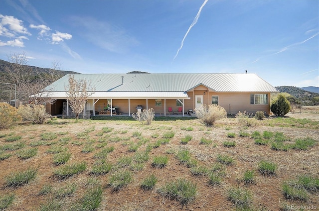 rear view of property with a mountain view and metal roof