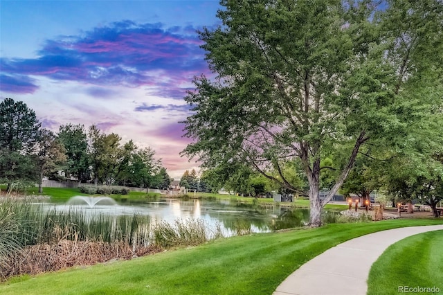 surrounding community featuring a water view and a lawn