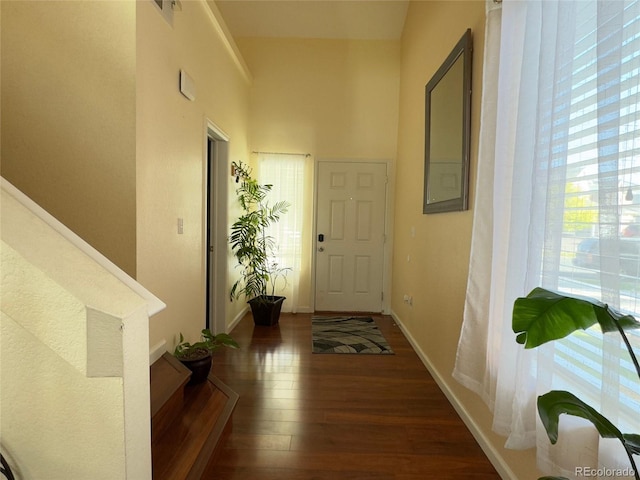 doorway featuring baseboards and wood finished floors